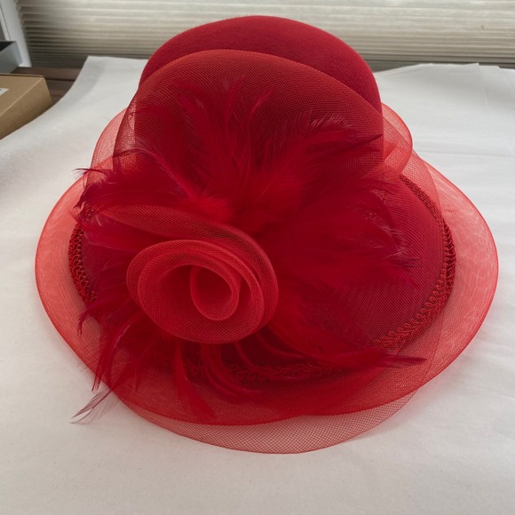 Vintage Red Wool Floral Feather‎ Tulle Derby Tea Party Hat main image 4